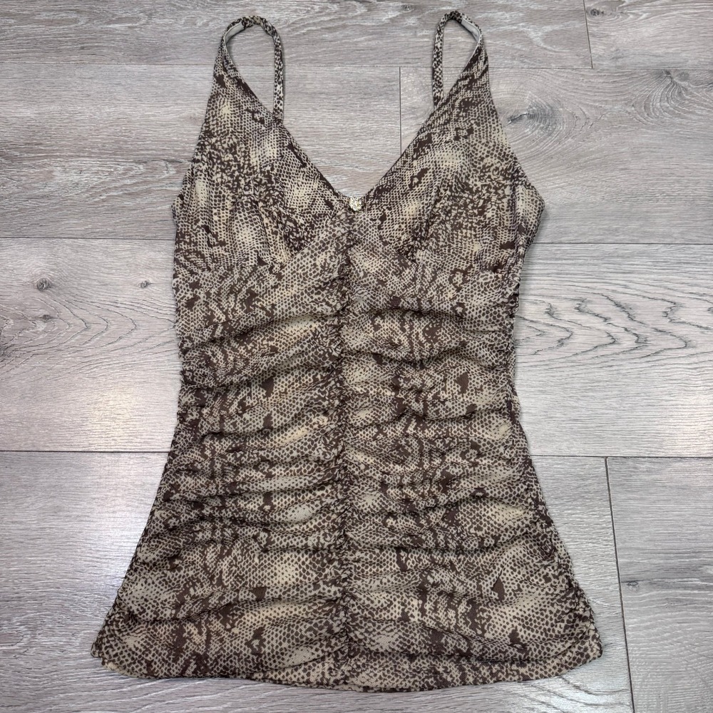 Express Vintage Y2K Brown Snakeskin Mesh Ruched Camisole Top Womens Medium 2007